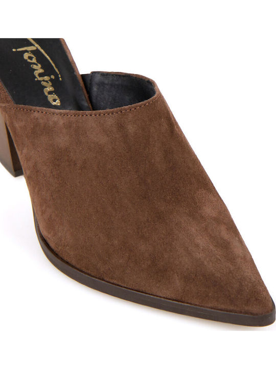 Leather Mules with High Heel in Brown Color