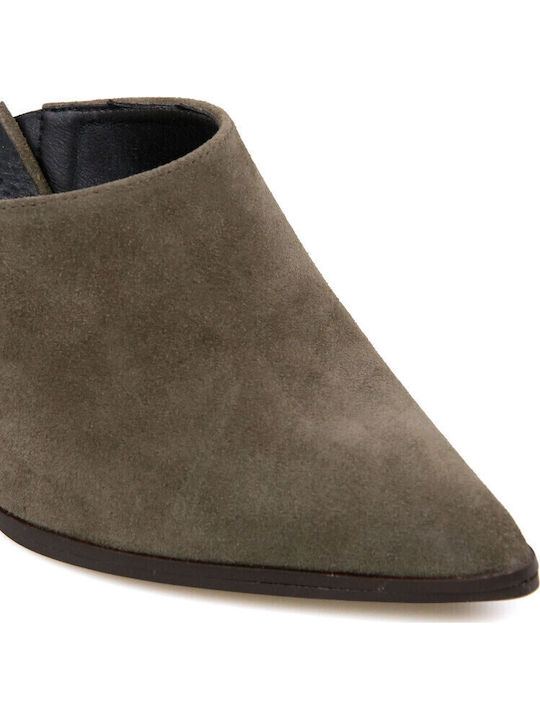 Leder Mules mit Hoch Absatz in Khaki Farbe