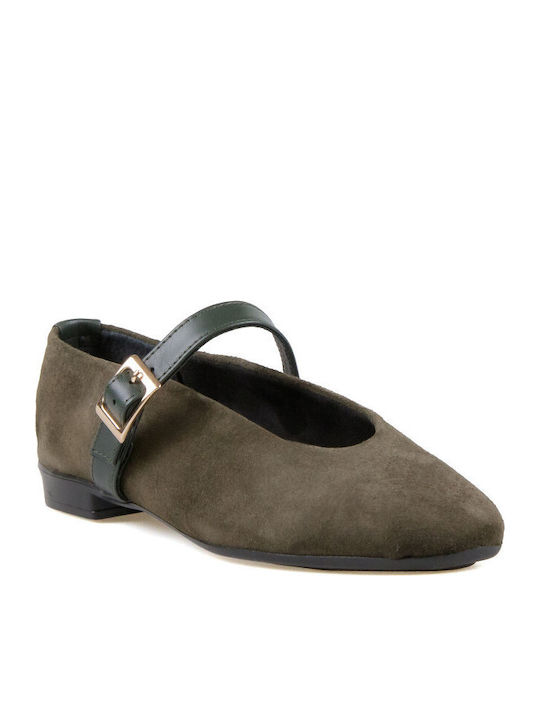 Suede Γυναικείες Μπαλαρίνες σε Χακί Χρώμα