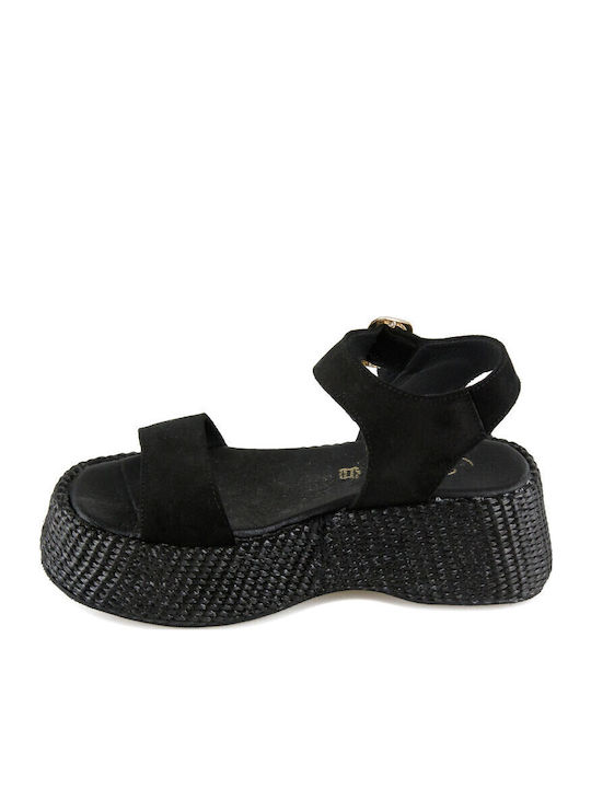 Women's Suede Ankle Strap Platforms Black