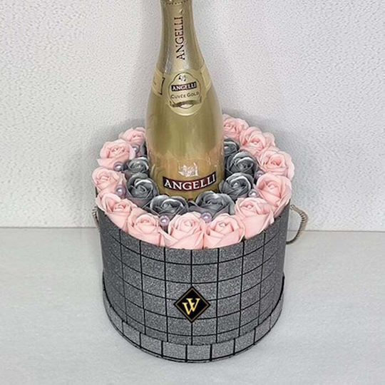 Velve Silber Geschenk Blumenarrangement Seifenrosen Angelli Cuvee Gold Sekt