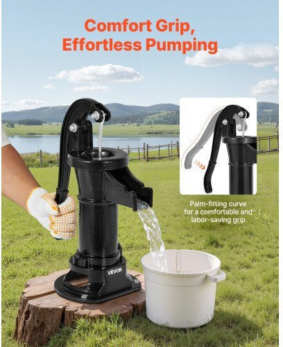 Manual Water Pump Canister Vevor Well Maximum Lift 25 Ft Manual Water Pump Cast Iron Antique Connection Npt 1-1/4 In Easy Installation Old Style Outdoor Garden Lake Yard Farm Black