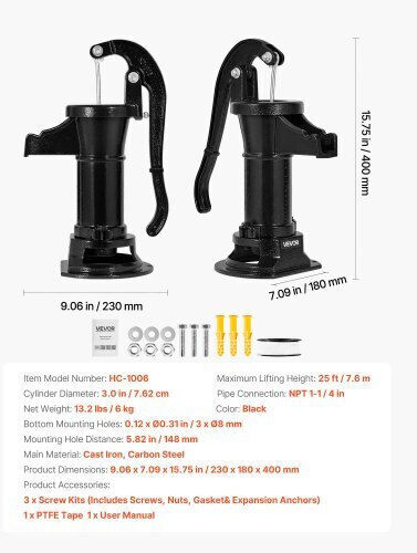 Manual Water Pump Canister Vevor Well Maximum Lift 25 Ft Manual Water Pump Cast Iron Antique Connection Npt 1-1/4 In Easy Installation Old Style Outdoor Garden Lake Yard Farm Black