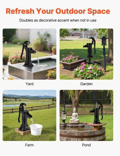 Manual Water Pump Canister Vevor Well Maximum Lift 25 Ft Manual Water Pump Cast Iron Antique Connection Npt 1-1/4 In Easy Installation Old Style Outdoor Garden Lake Yard Farm Black