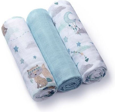Babyono Pături de Înfășat din Muselină Albastre 70x70cm 3 Bucăți
