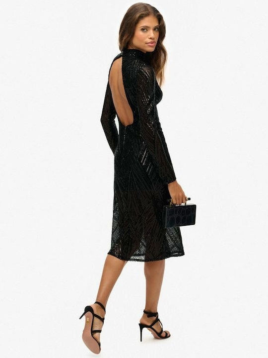 Dress Midi Evening Dress Open Back with Slit Black