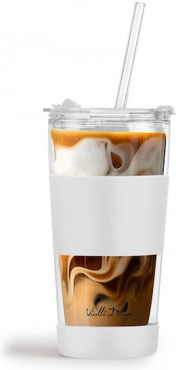 Vialli Design Pahar Cafea / Cafea grecească Freddo din Sticlă în Culoarea Alb cu pai 600ml
