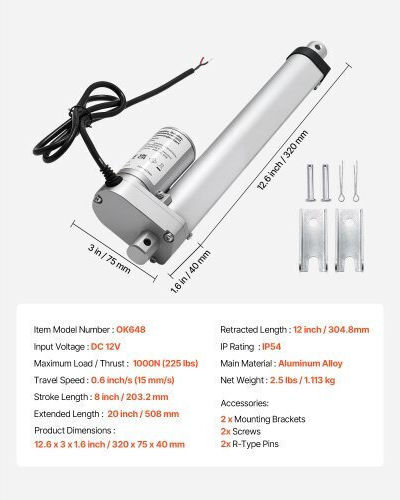 Vevor Linear Actuator 12v Stroke 203.2mm 15mm/s High Speed 1000n Linear Motor IP54 Protection & Mounting Bracket Desk Lifting Recliner Chairs Door Window Opener