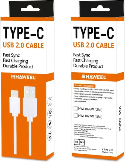 Regular USB 2.0 Cablu USB-C bărbătesc - USB-A Alb 2m (HWL1026W)