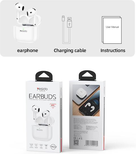 Yesido TWS32 Earbud Bluetooth хендсфри Слушалки с Кутийка за Зареждане Бял