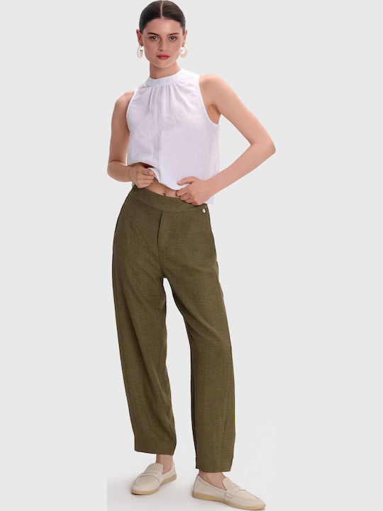 Women's Fabric Trousers with Elastic Green