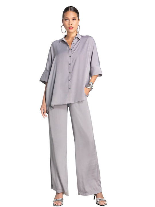 Damen Hoch tailliert Stoff Hose mit Gummizug in Lockerer Passform Gray
