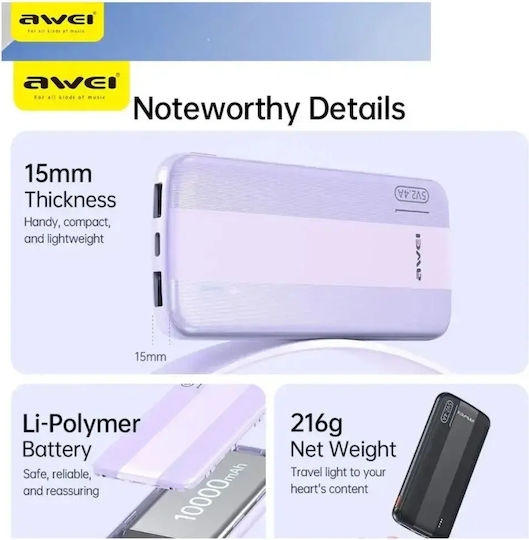 Awei P20K Power Bank 10000mAh with 2 USB-A Ports and USB-C Port White