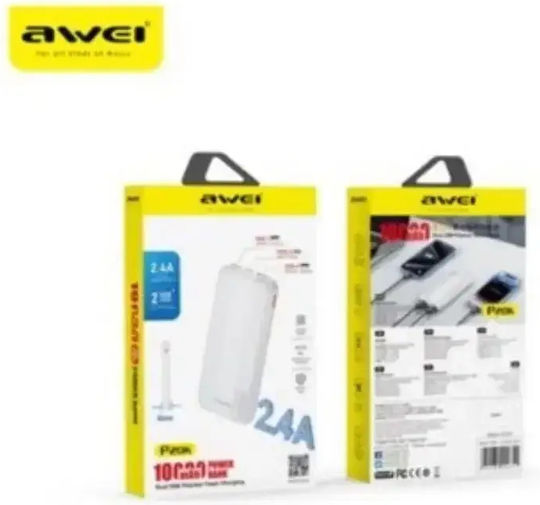 Awei P20K Power Bank 10000mAh with 2 USB-A Ports and USB-C Port White