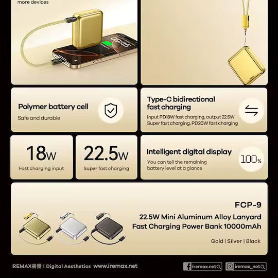 Remax FCP-9 Power Bank 10000mAh 22.5W with USB-C Port Power Delivery Gold