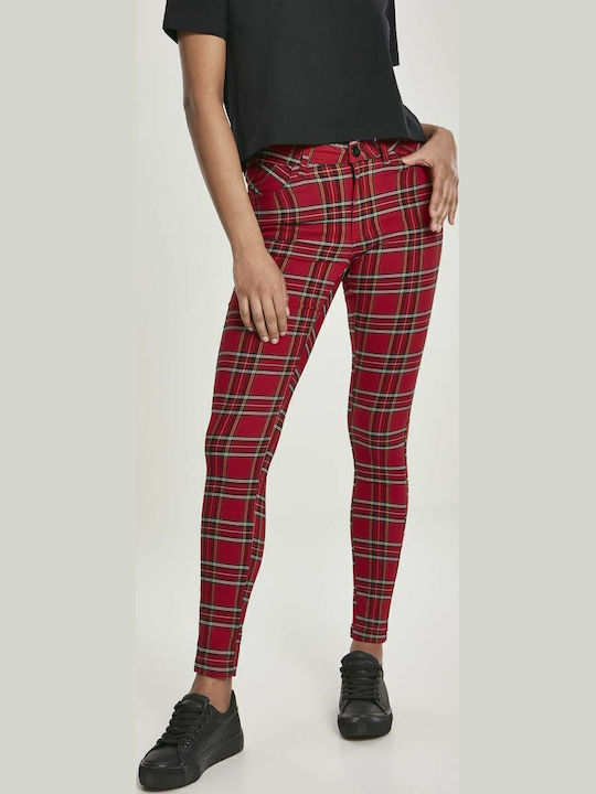 Women's Fabric Trousers Skinny Fit Checked Red