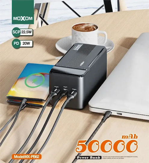 Moxom MX-PB158 Power Bank 50000mAh with 2 USB-A Ports and USB-C Port Power Delivery Black