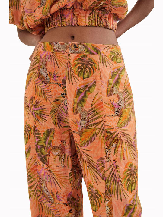 Safari Women's High-waisted Fabric Trousers Regular Fit Floral Orange