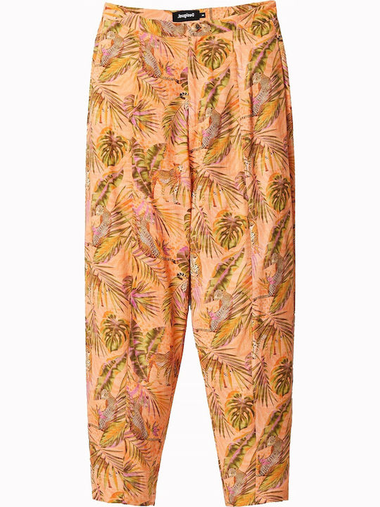Safari Women's High-waisted Fabric Trousers Regular Fit Floral Orange