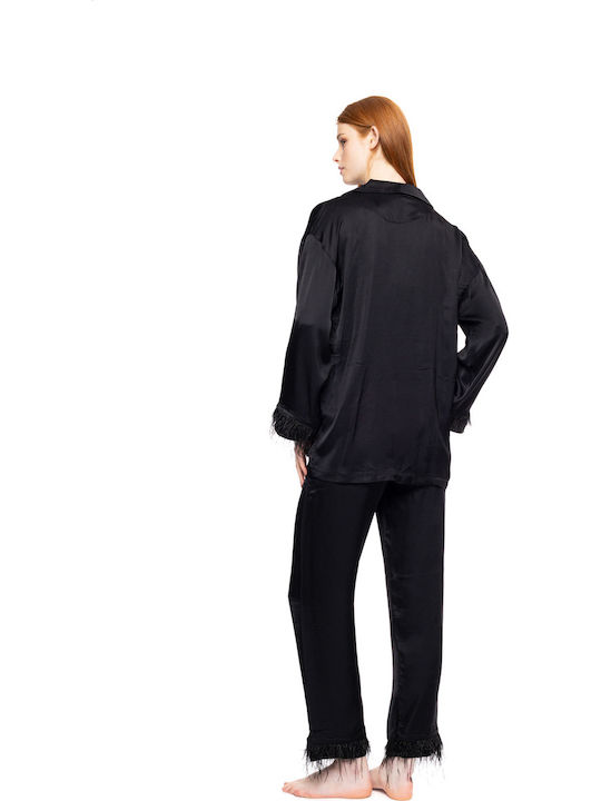 Pink Label Winter Women's Satin Pajama Set Black
