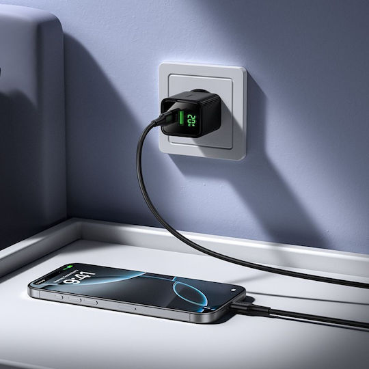 Hoco Ladegerät mit USB-A Anschluss und USB-C Anschluss und Kabel USB-C - USB-C 20W Stromlieferung / Schnellaufladung 3.0 / Schnellaufladung 2.0 Schwarzs (CS83A)