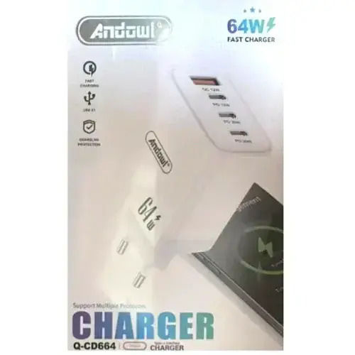 Andowl Φορτιστής Χωρίς Καλώδιο με Θύρα USB-A και 3 Θύρες USB-C 64W Power Delivery / Quick Charge 3.0 Λευκός (Q-CD664)