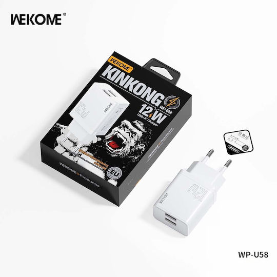 WK Φορτιστής Χωρίς Καλώδιο με 2 Θύρες USB-A 12W Λευκός (WP-U58)