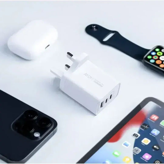 Remax Charger Without Cable with USB-A Port and 2 USB-C Ports 45W Whites (RP-U139)