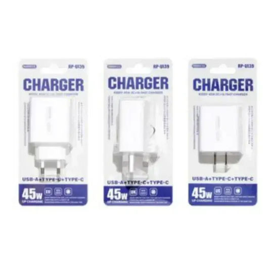 Remax Charger Without Cable with USB-A Port and 2 USB-C Ports 45W Whites (RP-U139)