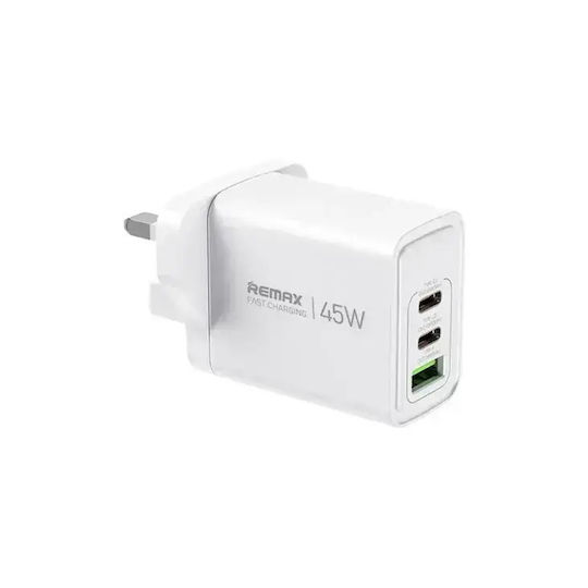 Remax Charger Without Cable with USB-A Port and 2 USB-C Ports 45W Whites (RP-U139)