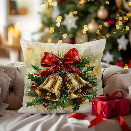 By Queen Limited Festive Edition Μαξιλαροθήκη Golden Bells Κόκκινη Κορδέλα