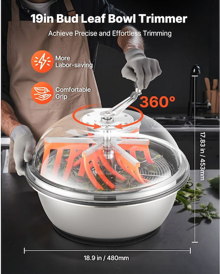 Vevor Bud Leaf Bowl Manual Lawn Mower 490 Mm Sharp Blades Stainless Steel Visual Cutting Hydroponic Wet Dry Twisting Rotation Plants Leaves Buds Flowers