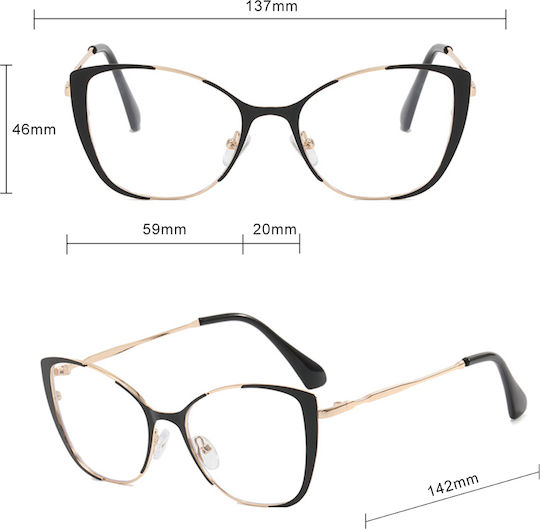 Techsuit Anti-Blue Light Glasses Reflex PC 8808 Women Oversized Metal Frame AC Lens Black