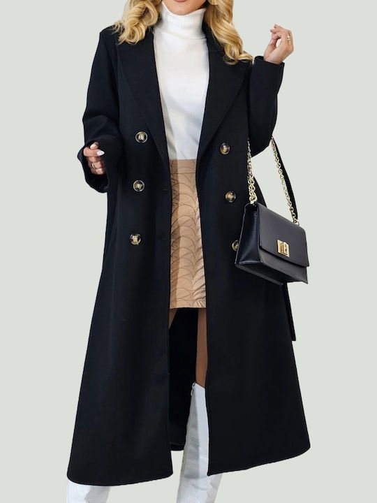 Women's Black Oversized Coat with Buttons