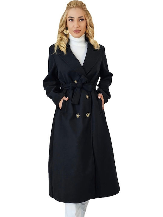 Women's Black Oversized Coat with Buttons