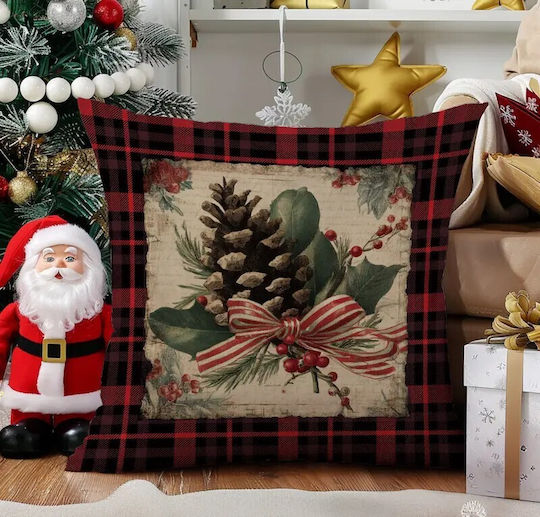 By Queen Limited Festive Edition Μαξιλαροθήκη Plaid Pinecone Ριγέ Κορδέλα