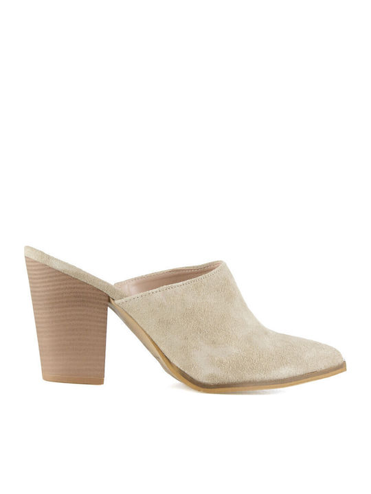 Suede Mules with High Heel in Brown Color