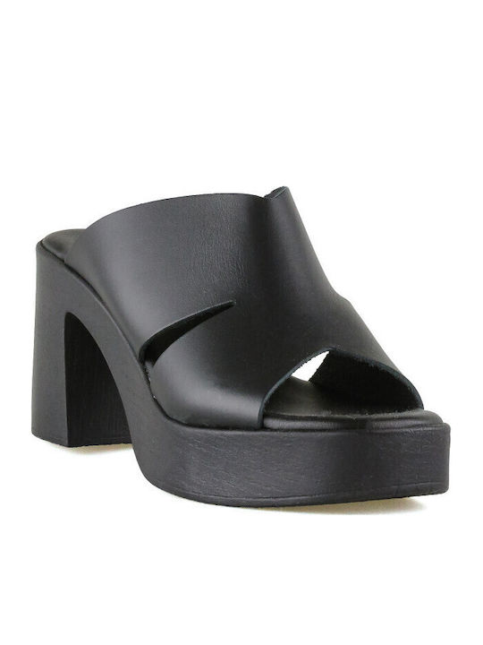Leather Mules with High Heel in Black Color