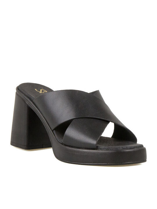 Leather Mules with High Heel in Black Color