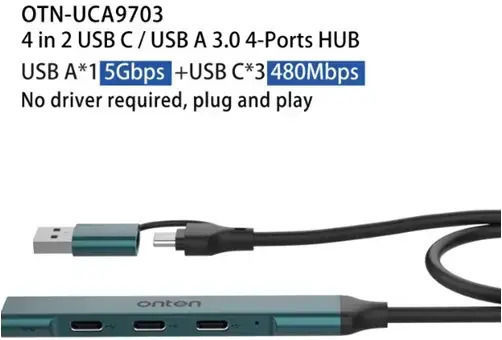 Onten Hub 4 Θυρών με σύνδεση USB-A / USB-C Πράσινο