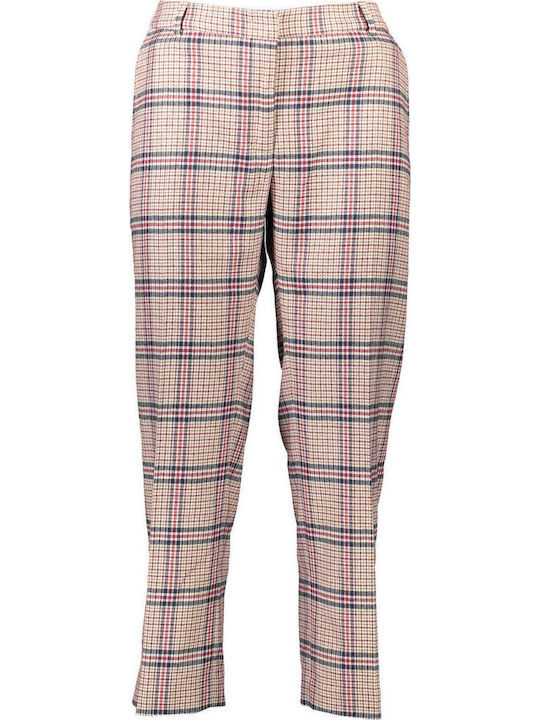 Women's Fabric Capri Trousers Slim Fit Checked Red/Navy Blue