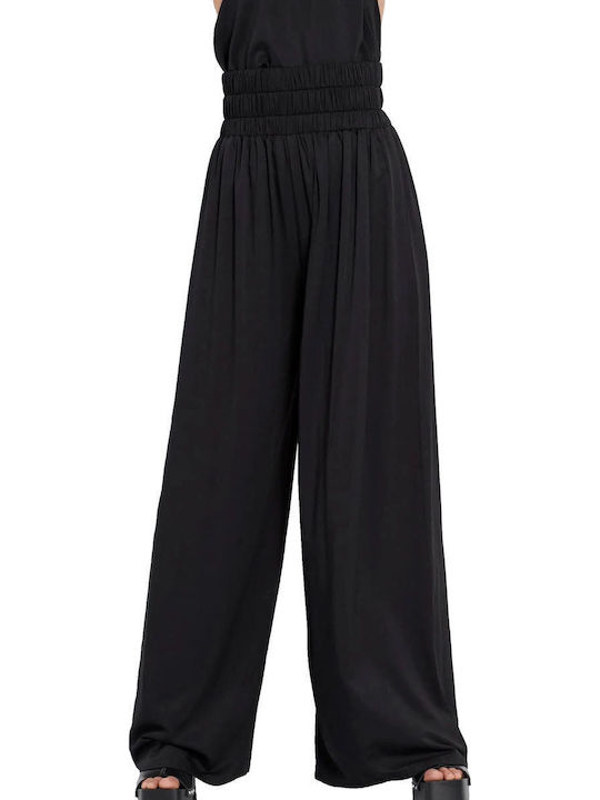 FBL007-12102 Damen Hoch tailliert Stoff Hose mit Gummizug Schwarz