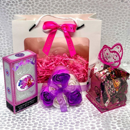 Pachet Tinky Zahoor Apă De Parfum Arabă Pentru Femei 50ml Eșarfă Cutie Săpun Trandafiri În Geantă De Fereastră Mov