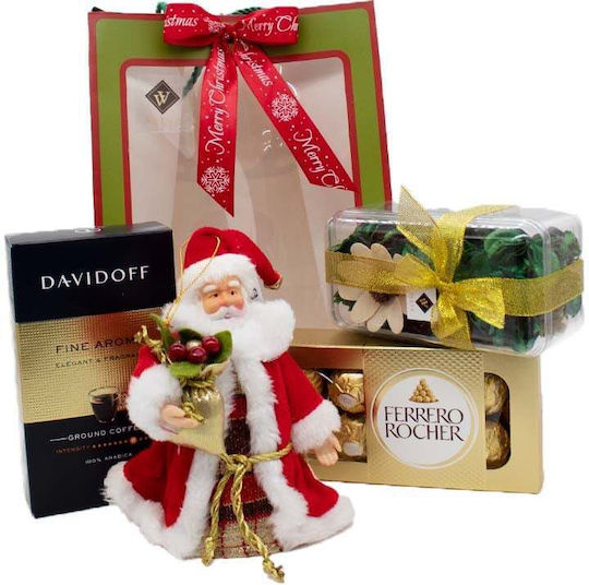 Pachet Cadou De Crăciun Ornament Decorativ Moș Crăciun 100g Praline Ferrero Rocher Cafea Davidoff Flori Uscate Parfumate
