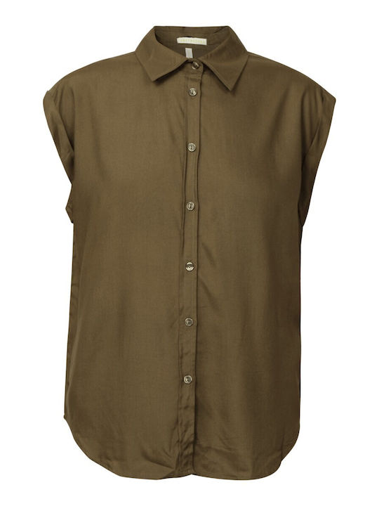 Kurzärmelig Damen Hemd Khaki Monochrom