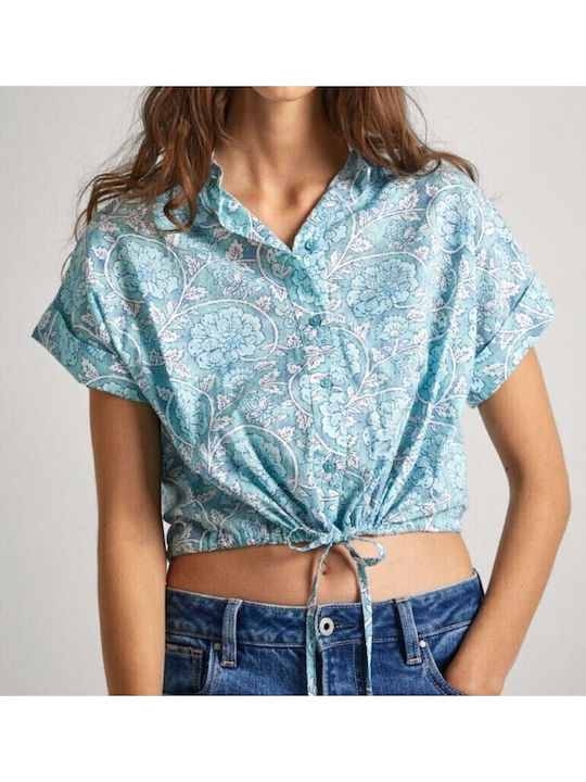 Κοντομάνικο Γυναικείο Τζιν Πουκάμισο Wave Blue Floral