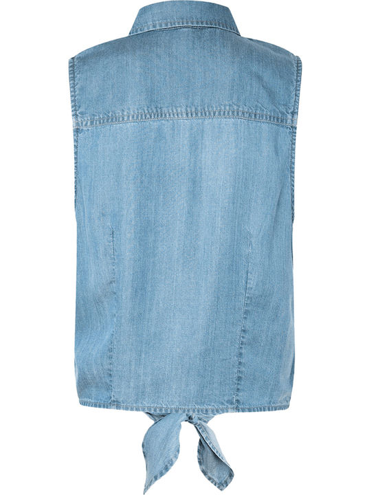 Winova Women's Denim Monochrome Sleeveless Shirt Blue