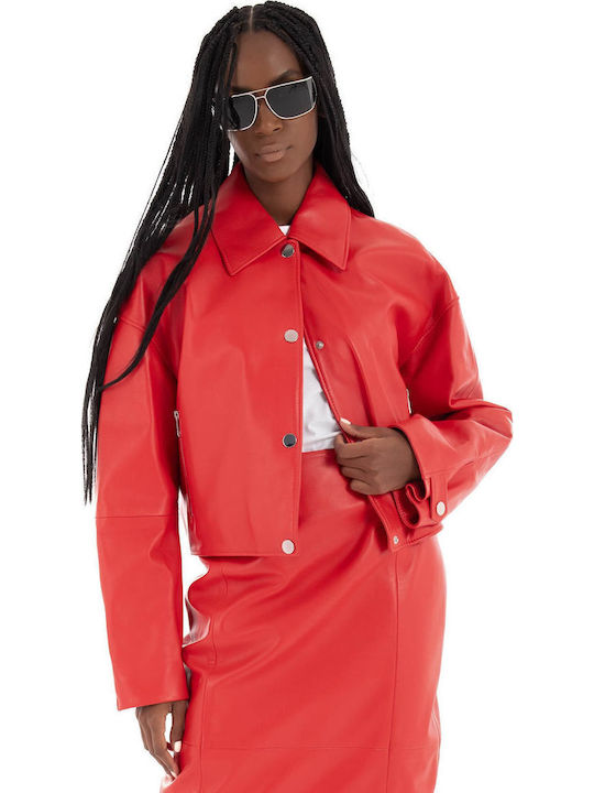 Women's Short Lifestyle Leather Jacket for Winter Red