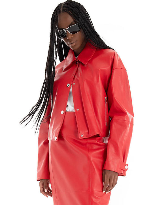 Women's Short Lifestyle Leather Jacket for Winter Red