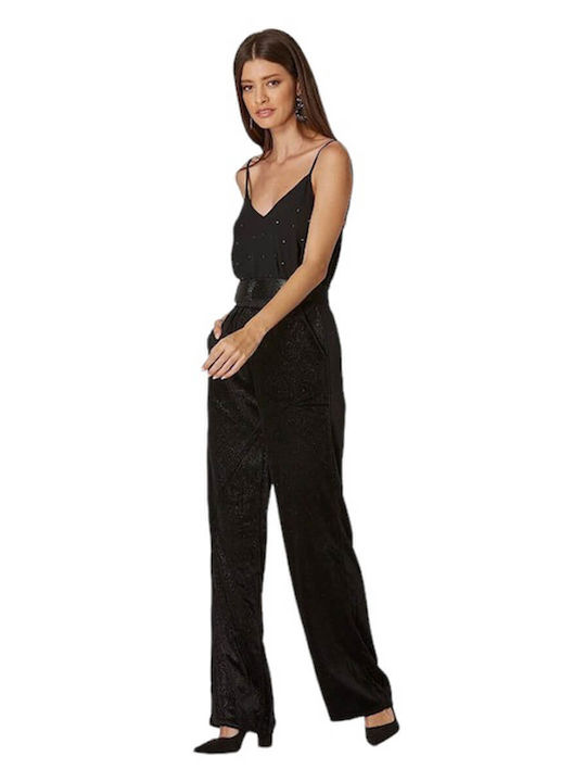 Women's High-waisted Fabric Trousers with Elastic Regular Fit Black